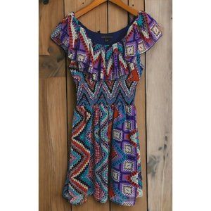 Summer Sun Dress Womens Size Large Decoded Zig Zag Abstract Wild Print Ruffles